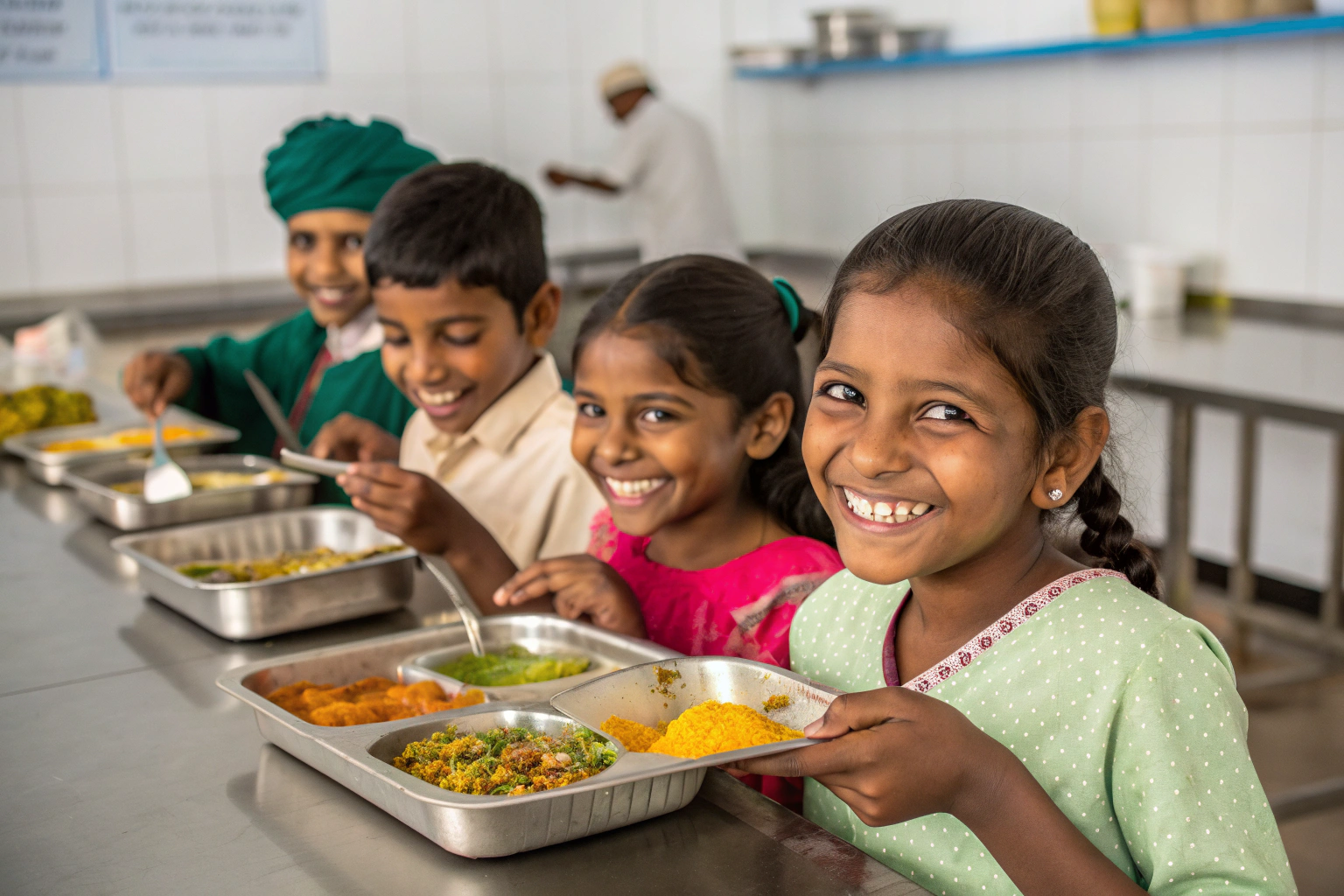 Volunteers serving nutritious mid-day meals to underprivileged school children in India through NGO support.